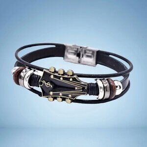 Black Guitar Faux Leather Bracelet – Unisex Style #1477